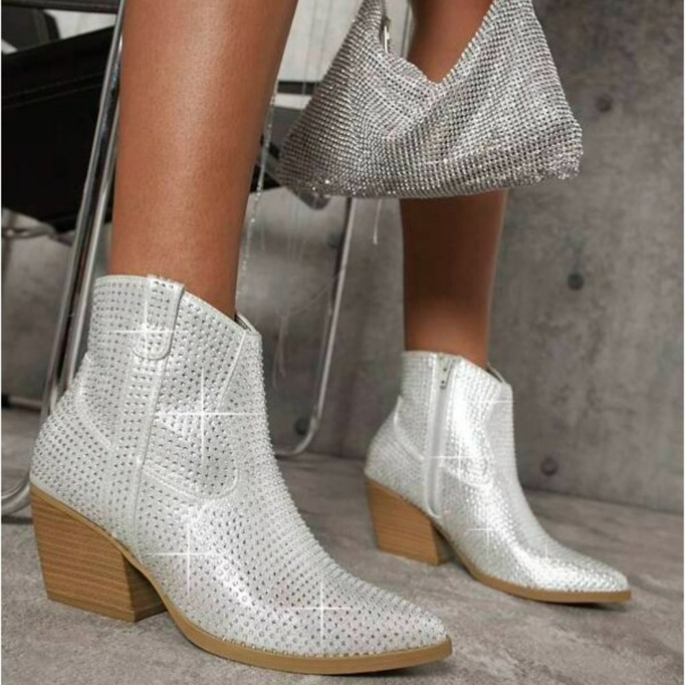 New Silver Rhinestone Western Cowboy Ankle Boots Booties